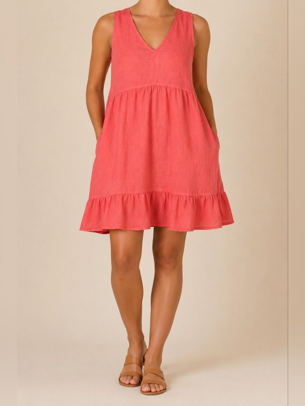 Cynthia Rowley 100% Linen Coral Ruffle Hem Shift Dress Women's XL Boho Coastal
